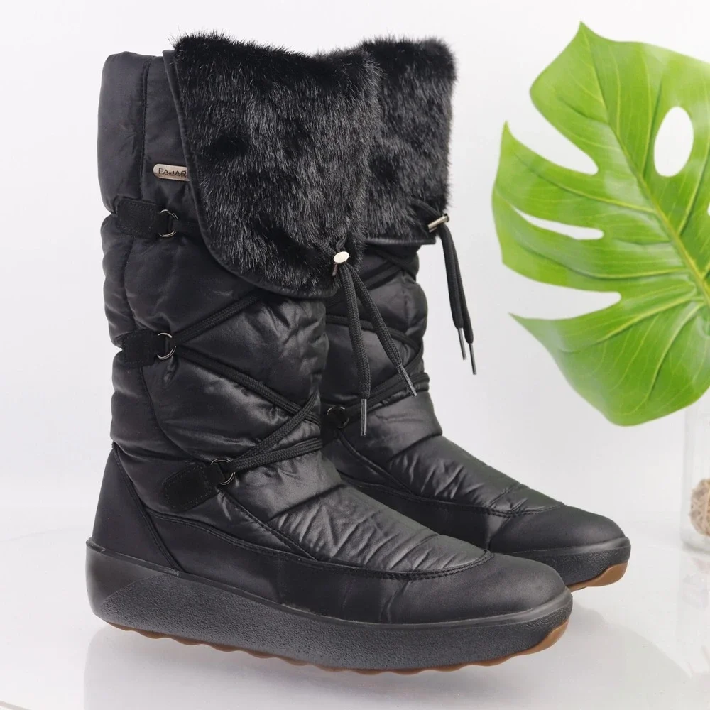 Pajar Womens Snow Boots Size 41 10 Waterproof Black Nylon Furry Pull On Quilted